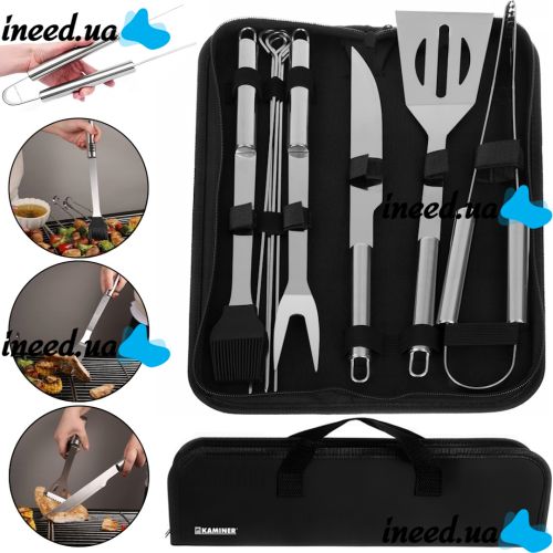 Kaminer 13001 9 in 1 grill and barbecue set Kaminer 13001 9 in 1 barbecue set, fork tongs knife stainless steel skewers in XL-1316 case