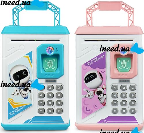 Children's electronic piggy bank safe Robot Bodyguard Blue, bill acceptor, Safe-piggy bank with combination lock for paper bills, coins with fingerprint
