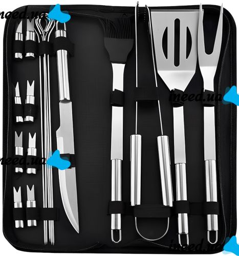 Kaminer BQ018 18 in 1 grill and barbecue utensil set for barbecue, fork tongs knife stainless steel skewers in Lesko case