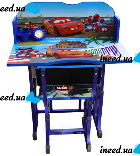 Bambi Disney Cars B-43507 Children's Desk and Chair Set: Lightning McQueen, Height-Adjustable Desk and Chair with Bookrest, Blue