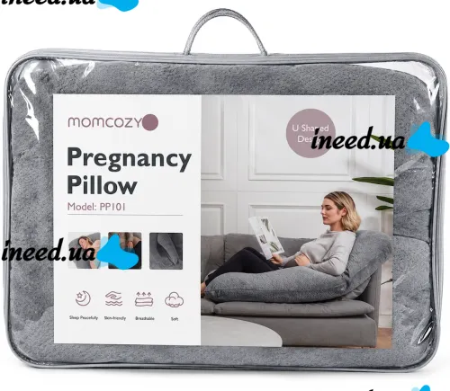 Momcozy Pregnancy Pillow PP101 80x120 cm—an orthopedic pillow for pregnant women, U-shaped for sleeping and relaxing, with back and belly support—Gray