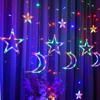 Внутренняя цветная гирлянда занавес Луна Звезды Star Moon Style 2.5Х1 м 138 LED диодов M, светодиодная RGB гирлянда-занавес на окно 2.5мх1м 220V