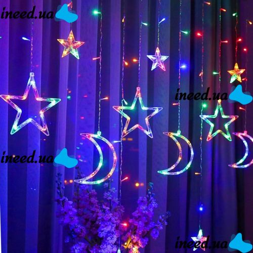Внутренняя цветная гирлянда занавес Луна Звезды Star Moon Style 2.5Х1 м 138 LED диодов M, светодиодная RGB гирлянда-занавес на окно 2.5мх1м 220V