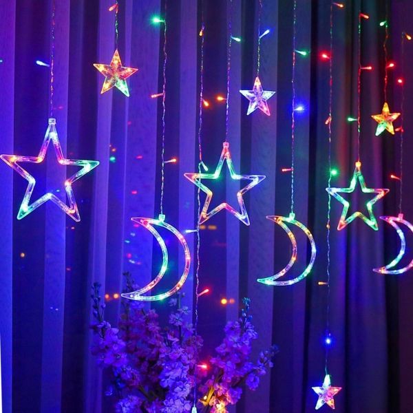 Interior Color Garland Curtain Moon Stars Star Moon Style 2.5X1 m 138 LED Diodes M, RGB LED Garland Curtain for Window 2.5mx1m 220V