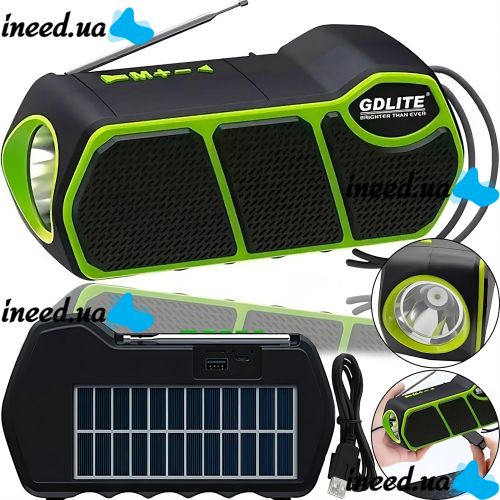 Беспроводная Bluetooth колонка фонарь Solar GDLite GD-11 1500 mAh с солнечной панелью, Аккумуляторный радиоприемник с фонариком FM Power Bank Зеленый