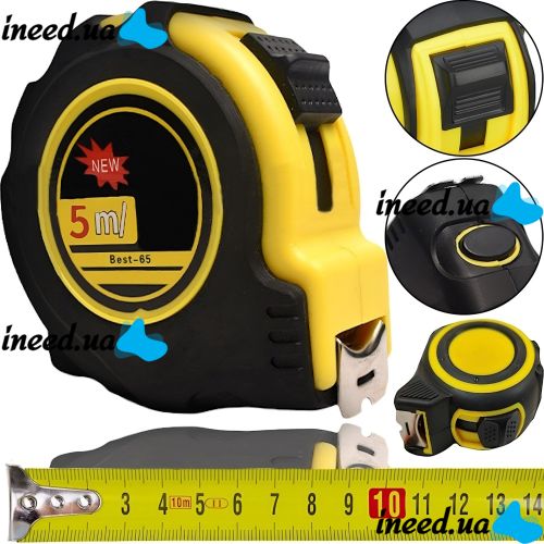 Construction Measuring Tape measure Best-65 5m x 16mm with Hitchhiker and hook, Measuring Tape TP-2401 with Nylon Coating Yellow