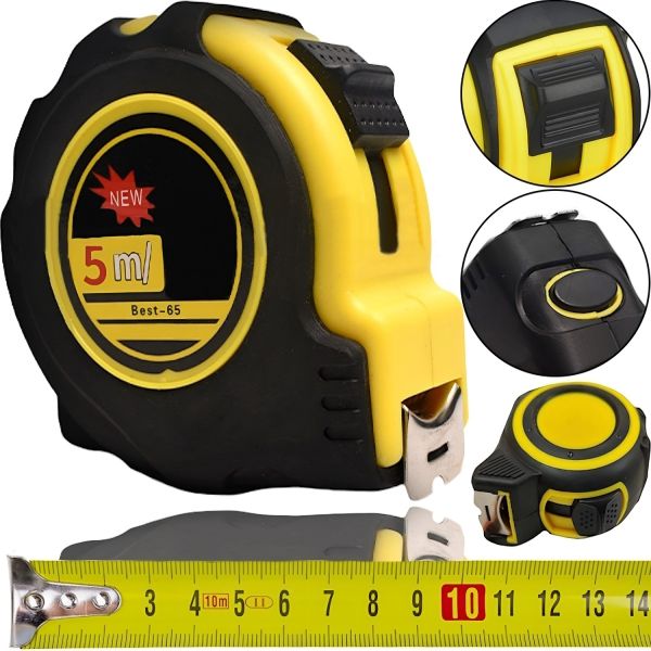Строительная измерительная рулетка Tape measure Best-65 5м х 16мм с автостопом и зацепом, Рулетка TP-2401 для измерений с нейлоновым покрытием Желтая