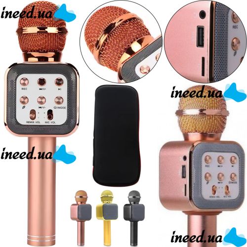 Бездротовий мікрофон караоке Wster WS-1818 Bluetooth USB AUX FM з вбудованою колонкою і функцією зміни голосу на акумуляторі в чохлі Рожевий