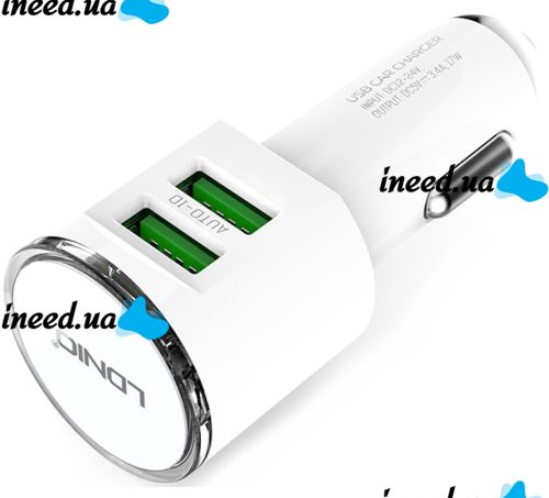 Автомобільний зарядний пристрій Ldnio DL-C29 Car Charger 2USB 3.4 A адаптер живлення, автозарядка в прикурювач зі шнуром Lightning White Білий