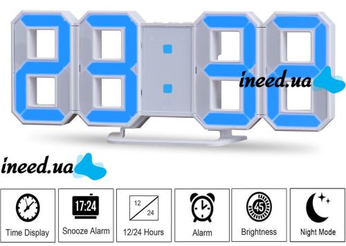 Електронні настільні 3D годинник з синьою LED підсвічуванням Generic LY-1089, світлодіодні цифрові настінні годинники з будильником і датою білі