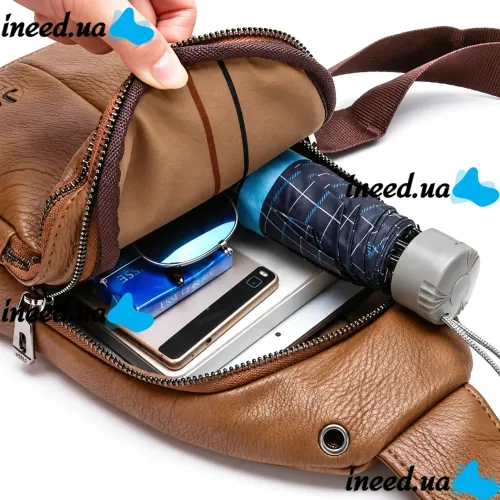 Мужская сумка слинг Jasper L99810-b бананка через плечо на 2 отделения с USB портом, нагрудная сумка Джаспер из искусственной кожи Коричневая