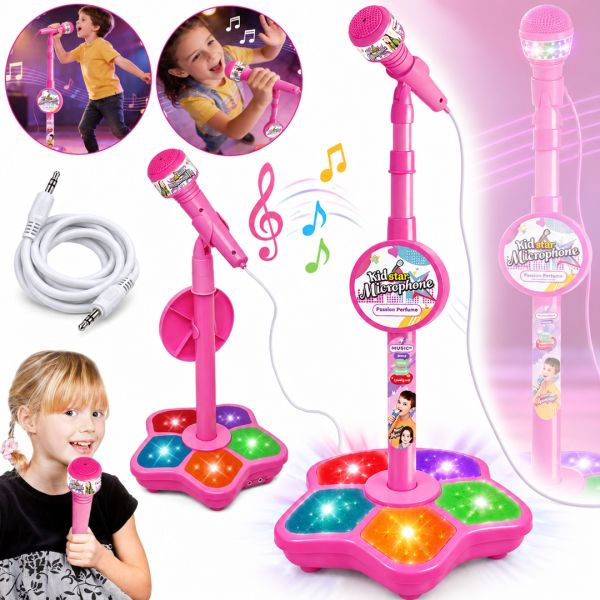 Kid Star Microphone 5352A for Kids on an Adjustable Stand with Backlight, Karaoke with Sound Effects, and MP3, for Children Ages 3 and Up—Pink
