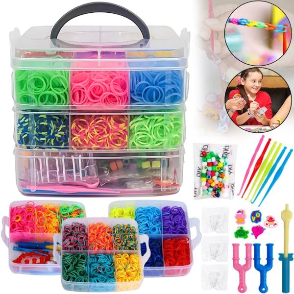 A set of elastic bands for weaving bracelets Band Accessory Case NR-1 set of 3 tiers with a hook and a holder for needlework 1500 pieces in a case from 3 years old