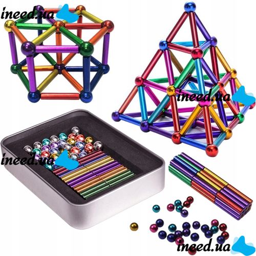 Кольоровий магнітний конструктор Buckyballs Buckybars Neo Mix Color 64 деталей, головоломка антистрес, 36 шт. магнітні палички і 28 шт. кульки Бакібарс