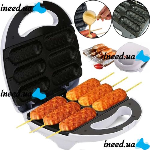 Sausage maker Domotec KB-888 machine for cooking hot dogs and sausages on a stick with 6 cells 800W, Waffle maker for corn dogs 800W White