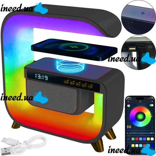 Настільна смарт лампа нічник RGB XM-G3 акумуляторний з бездротовою зарядкою 15W і Bluetooth колонкою, Блютуз колонка G3 з підсвічуванням Чорна