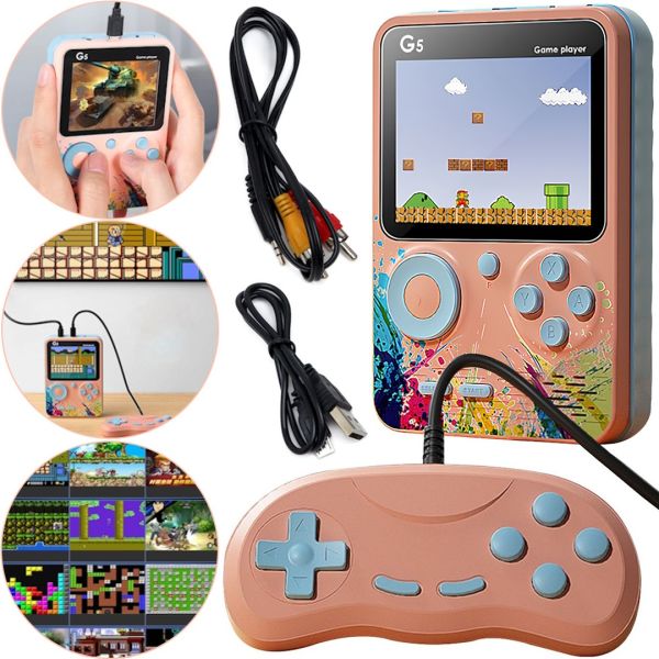Portable Mini Gaming Console with Joystick Game Player G5 for 500 Built-in Games, Pocket Retro TV Set-top Box AV Micro USB Pink