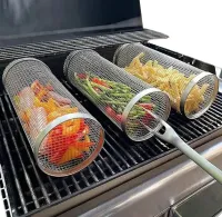 Cylindrical non-stick grill grid basket IRIS KT-183 for vegetables meat fish without handle, stainless steel barbecue grate with rotation