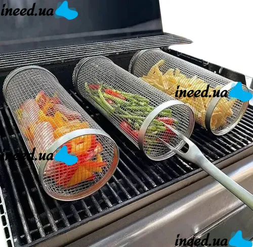 Cylindrical non-stick grill grid basket IRIS KT-183 for vegetables meat fish without handle, stainless steel barbecue grate with rotation