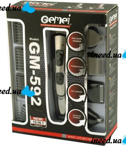 Акумуляторна машинка для стрижки волосся Gemei GM-592 10 в 1 електробритва, тример бороди, носа і вух, набір для тіла з насадками, Kemei, Geemy
