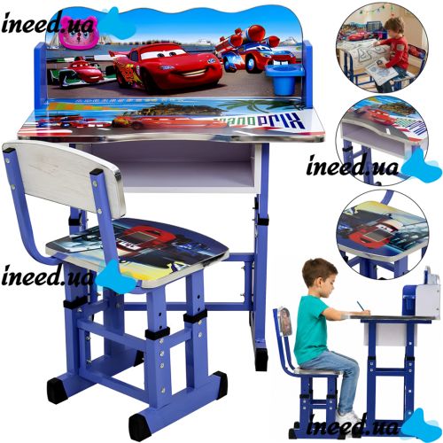 Bambi Disney Cars B-43507 Children's Desk and Chair Set: Lightning McQueen, Height-Adjustable Desk and Chair with Bookrest, Blue