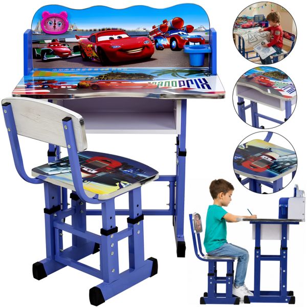 Bambi Disney Cars B-43507 Children's Desk and Chair Set: Lightning McQueen, Height-Adjustable Desk and Chair with Bookrest, Blue