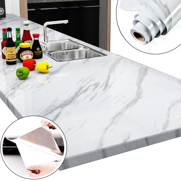Self-adhesive Kitchen film 3m x 60cm Supretto WM-360 white marble, waterproof, vinyl for kitchen surfaces, walls, stoves, furniture