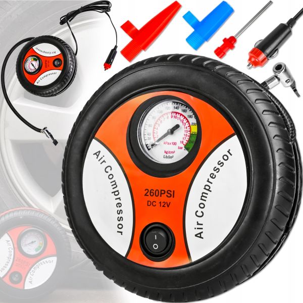 Автомобильный компрессор в форме колеса Air Compressor H0248 260PSI 12V автокомпрессор, насос с манометром для контроля давления в шинах, колес авто